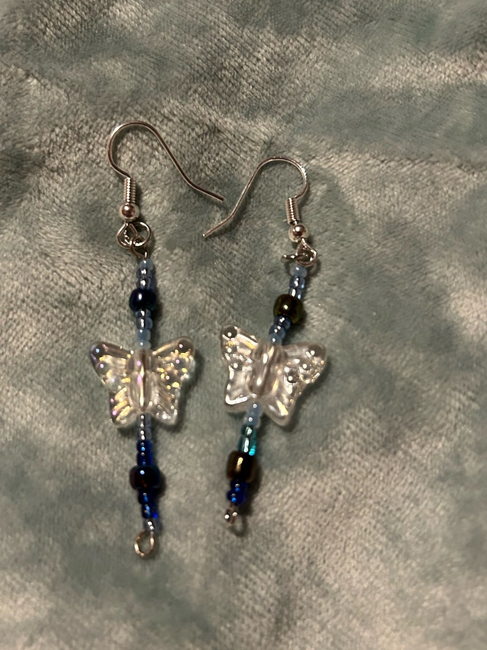 Handmade Blue Beaded Butterfly Drop Earrings